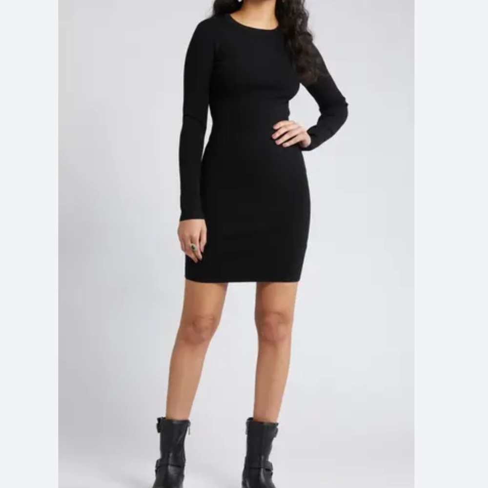 Open Edit Compact Long Sleeve Fine Rib Sweater Dress Size S Women Crew Neck